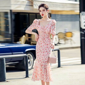 （あす楽）花柄ワンピース 姫系ワンピース インポート ピンク 半袖　マーメイド　 Vネック ロング丈　不規則　二次会 結婚式 お呼ばれ オシャレ エレガント 大人可愛い 上品 フォーマル スリム 大きいサイズ 韓国ファッション