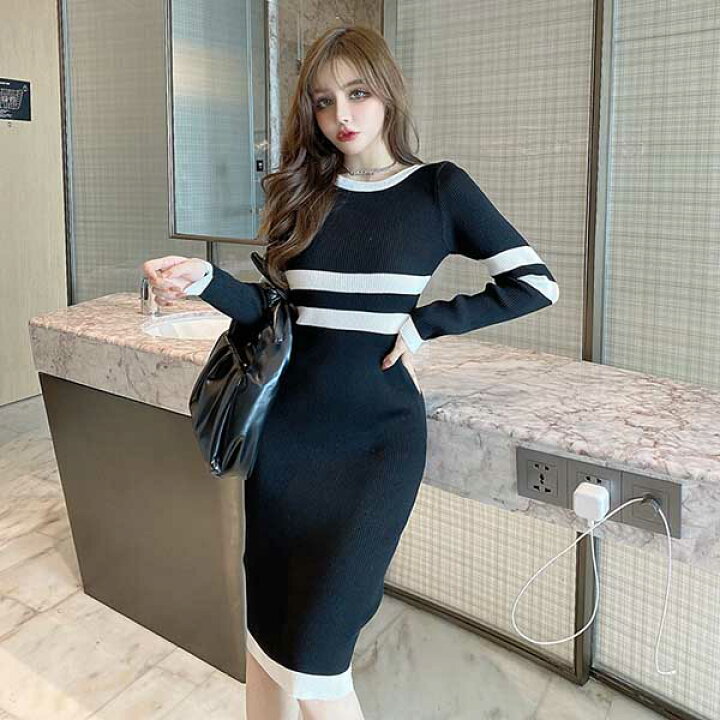楽天市場 秋冬 新作 ニットワンピース タイトワンピース ドレスワンピース ひざ丈 ミニ丈 長袖 オシャレ エレガント 大人可愛い セクシー オフィスレディー Ol 二次会 結婚式 お呼ばれ 代30代40代 韓国ファッション One Piece Dress