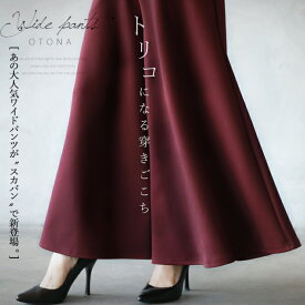パンツ レディース ワインレッド 春 秋 冬 ロング ワイド フレア 落ち感 光沢感 総ゴム ゆったり 体型カバー おしゃれ きれいめ シンプル トリコになる穿きごこち 11/16