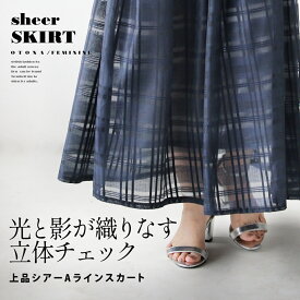 光と影が織りなす立体 チェック 上品シアー Aライン スカート ロング丈 薄手 涼しい 軽い 裏地付き ウエストゴム ポケット付 大きいサイズ フェミニン 春 夏 秋 春夏 ネイビー 6/14