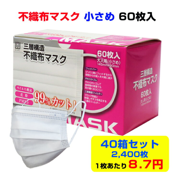 楽天市場】不織布マスク 小さい 60枚入 40箱セット(2,400枚、1c/s 