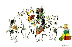 F0173677　雨田光弘「音楽とあそぶネコたち」ポストカード(きよしこの夜)　アマネコ舎