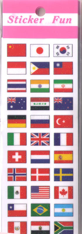 てなグッズや 海外並行輸入正規品 ステッカーファン キラキラ世界の国旗です ラメ入りシール ZR329 万国旗