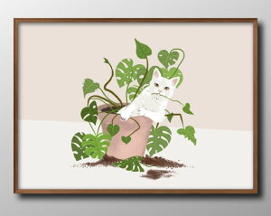 観葉植物と猫 ネコ ボタニカル A3 サイズ ポスター アート おしゃれ 絵画 インテリア 北欧 イラスト マット紙 艶消し アートパネル 額 フレーム デザイン 壁掛け ギフト 新築祝い ディスプレ