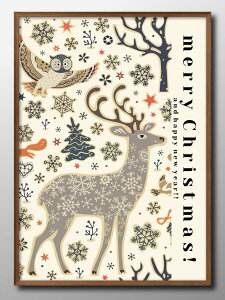トナカイ クリスマス Xmas メリークリスマス&ハッピーニューイヤー A3 サイズ ポスター アート おしゃれ 絵画 インテリア 北欧 イラスト マット紙 艶消し アートパネル 額 フレーム デザイン
