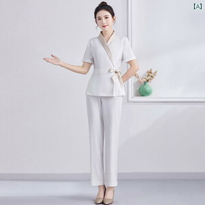 エステ ユニフォーム パンツ ワンピース 美容師 作業服 レディース 夏 サロン ヘルスクラブ フットバス スパ 技術者 半袖 長袖 セットアップ 大きめサイズ 白 黒 アプリコット