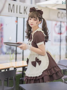 メイド服 かわいい リボン 茶 長 半 袖 大きめサイズ マイクロ ミニ丈 スカート ワンピース Aライン ハロウィン クリスマスパーティー