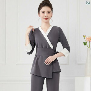 エステ ユニフォーム 七分袖 春秋 制服 サロン ホテル 技術者 作業服 レディース グレー 茶 無地 ウエストマーク リボン 速乾 ストレッチ パンツ 上下セット 大きめサイズ おしゃれ