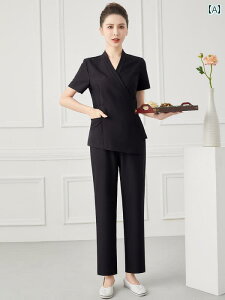 エステ ユニフォーム 半袖 春夏 制服 サロン 技術者 作業服 レディース 黒 カーキ 無地 カシュクール ポケット 速乾 ストレッチ パンツ 上下セット 大きめサイズ おしゃれ
