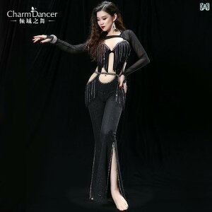 ベリーダンス 衣装 セット レディース コスチューム ステージ パフォーマンス 発表会 ブラトップ パンツ スリット アームカバー 長袖 フリンジ ラインストーン スリム フィット 華やか 黒 赤