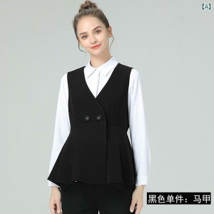 マタニティ スーツ ウェア 春秋 ベスト ストレート パンツ 面接 フォーマル オフィス 事務服 職場 オフィス 2点セット ダブルブレスト ハイウエスト 調節可能 シンプル 無地 黒 紺