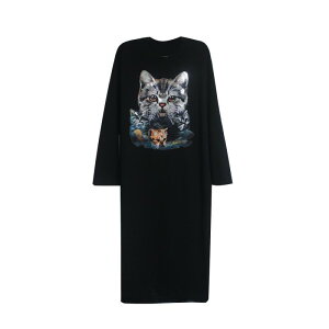 ぽっちゃり ワンピース 韓国 春 レディース 長袖 大きめサイズ ゆったり スリム ロング丈 プリント シンプル カジュアル ナチュラル 黒 グレー 猫