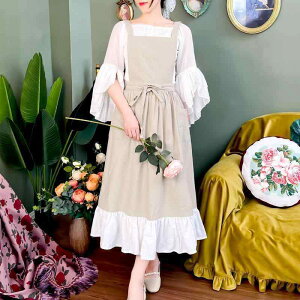 エン おしゃれ 春夏 綿 ロング丈 フリル ポケット 通気 ソフト 作業服 レトロ シンプル 無地 オートミール フリーサイズ プレゼント