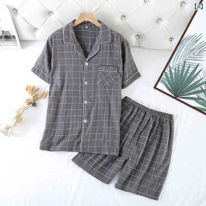 パジャマ ガーゼ メンズ 夏 薄手 半袖 短パン ゆったり 部屋着 ウエストゴム 柔らかい 吸汗 通気性 涼感 父の日 プレゼント シンプル カジュアル 青 グレー 緑 チェック