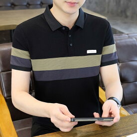ポロシャツ メンズ 半袖 ストライプ ボーダー 襟付き 切り替え 綿混 細身 吸汗速乾 伸縮性 薄手 カジュアル 普段使い メンズ 夏 トップス