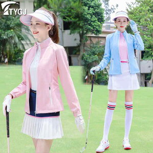 ゴルフウェア レディース 春夏 長袖 ウィンドブレーカー 防風 保温 ジップアップ ハイネック アウター ジャケット スポーツウェア ブルー ホワイト ブラック ピンク