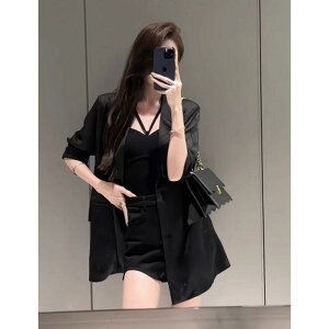 セットアップ レディース 春夏 韓国ファッション 大人 きれいめ 通勤 ゆったり テーラードジャケット キャミソール ハイウエスト ショートパンツ 3点セット 薄手 高級感 アセテート ブラッ
