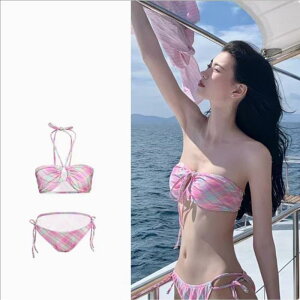 水着 レディース 女性用 ビキニ セパレート 3点セット スリーピース 三角ビキニ Vネック チェック柄 バストアップ 小胸 盛れる セクシー 可愛らしくも艶っぽいスタイル ギャル リゾート ビー