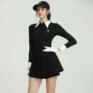 ゴルフウェア レディース 高級感 トップス 長袖 スリムフィット UVカット ミニスカート セットアップ ツーピース ブラック 春夏 吸汗速乾 スポーツ