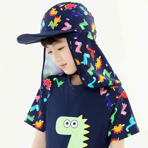 子供 帽子 キッズ ベビー 男の子 女の子 ビーチ プール 水泳帽 スイムキャップ UVカット 紫外線対策 日よけ 首元ガード フラップ付き つば広 通気性 速乾 かわいい 恐竜柄 動物柄 春夏