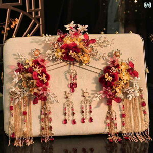 ブライダル ヘッドアクセサリー 結婚式 ウェディング パーティー 婦 花嫁 舞台 小道具 コスプレ ヘッド ドレス 赤 起毛 花 チャイナ風 額 ペンダント レトロ タッセル ヘアピン スーツ 龍 鳳