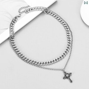 アクセサリー メンズ レディース カップル ストリート トレンド クロス 二重層 キューバ ネックレス アメリカン ヒップ ホップ チタン鋼 鎖骨 チェーン