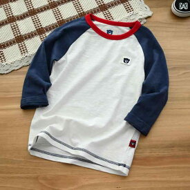 tシャツ キッズ 子供服 男の子 女の子 ロンT 綿 長袖 ラウンドネック ラグランスリーブ トップス 春秋 ネイビー レッド ブルー ワンポイント