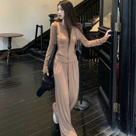 セットアップ レディース 春秋 イン スリム フード カーディガン トップス コート ワイドレッグ パンツ