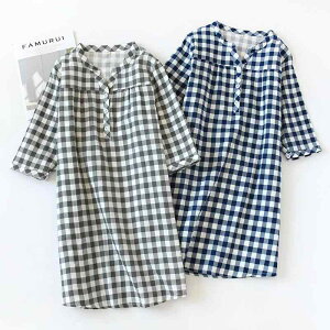 レディース パジャマ ルームウェア リラックス 綿 100 ホーム スカート 夏 薄手 涼しい ゆったり 二層 ガーゼ チェック シンプル スカート 綿 七分袖 ネグリジェ