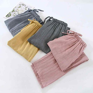 レディース パジャマ ルームウェア リラックス 二層 ガーゼ 綿 パンツ 春秋 薄手 涼しい 通気性 快適 先染め 綿 ホーム パンツ