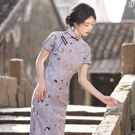 レディース ファッション お互い 愛 エレガント 淑女 紫 美しい チャイナ ドレス 春夏 普段着