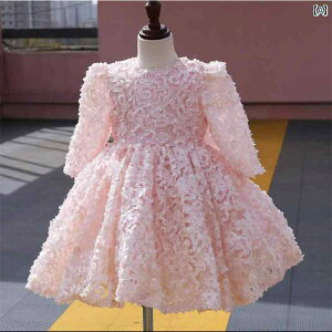 女子 ドレス かわいい 少女 ピアノ 発表会 プリンセス ピンク 長袖 花 チュチュ ふんわり スカート 誕生日 パーティー 演奏 衣装