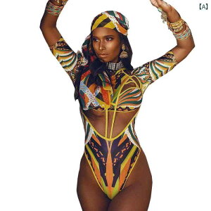 パフォーマンス 衣装 派手 セクシー コスプレ アフリカ 部族 ブラック ジャンプスーツ 長袖 プリント 魅惑 シースルー 透け感 透け感 透け感 ハイネック 水着 レディース ゴーゴー コスチュ