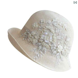 レディース 春夏 手縫い ビーズ 日よけ 小さめ バケット ハット レトロ 和紙 カール エッジ 軽量 涼しい 通気性 快適 日焼け防止 帽子
