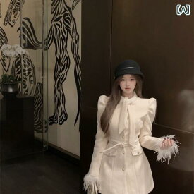 レディース アウター カジュアル おしゃれ 普段使い フランス 白 レース リボン コート クリップ 綿 取り外し 可能 ダチョウ 羽 ウール コート 冬