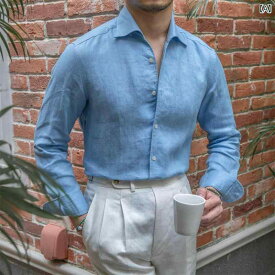 メンズ トップス おしゃれ ダンディ 通勤 英国 レトロ カジュアル リネン 長袖 シャツ 紳士 通気性 快適 快適 ワン カラー シャツ