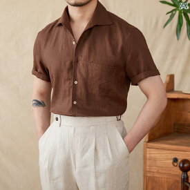 メンズ トップス おしゃれ ダンディ 100 リネン 夏 カジュアル 半袖 シャツ ゆったり 通勤 ブルジョワジー 半袖 シャツ