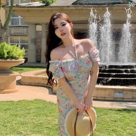 大きめサイズ レディース おしゃれ ファッション 婦人服 庭 娘が 咲く 花 イラスト レース プリント ドレス