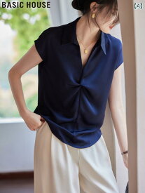 トップス レディース おしゃれ 薄 ブルー ひんやり 快適 ネック ノット 半袖 シャツ 夏
