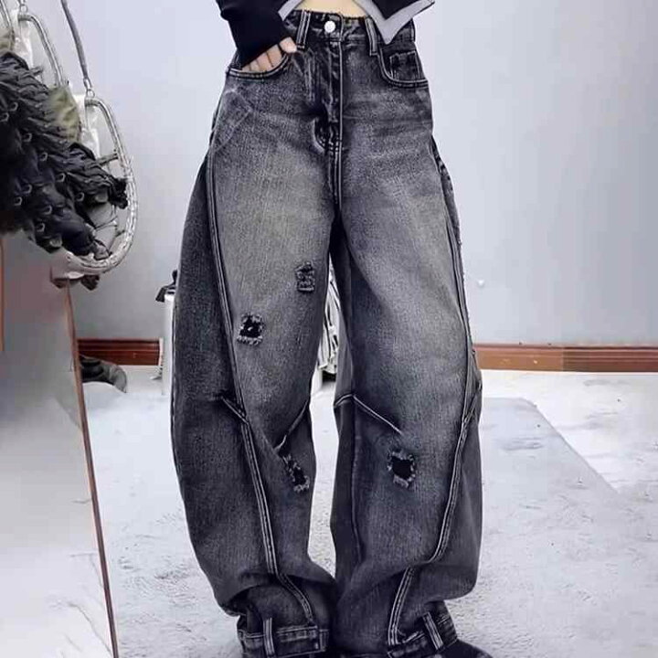 楽天市場】ジーンズ メンズ ダメージ加工 ワイドレッグ パンツ ズボン 