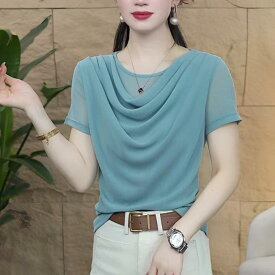 Tシャツ レディース ママ ミセス 半袖 春夏 ドレープネック ボートネック シアー メッシュ素材 薄手 軽量 ゆったり オーバーサイズ エイジレス 若見え 上品 きれいめ カジュアル カットソー