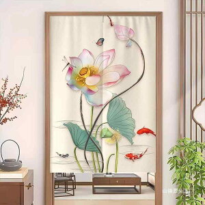 カーテン カフェカーテン のれん 蓮の花柄 ロータス柄 和風 モダン ハーフ丈 ショート丈 間仕切り 目隠し 突っ張り棒式 穴あけ不要 麻 リネン トイレ 洗面所 脱衣所 玄関 キッチン 風水