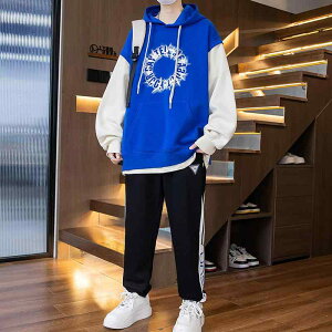 セットアップ 男の子 ジュニア 中学生 高校生 春秋冬 フェイクレイヤード パーカー スウェット ロングパンツ フード付き 長袖 綿混素材 普段使い デイリー カジュアル 韓国風