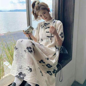 ワンピース レディース 新チャイナ風 改良チャイナドレス 飾りボタン 立ち襟 半袖 ウエストマーク Aライン 小花柄 水墨画柄 エレガント 上品 個性的 ロング丈 春夏 ポリエステル