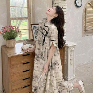 ワンピース レディース 水墨画柄 盤ボタン 中国風 新チャイナドレス 小花柄 ハイウエスト レトロ クラシカル 上品 高級感 Aライン 半袖 ロング丈 スタンドカラー ポリエステル素材 お呼ばれ
