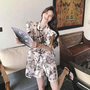 レディース セットアップ 水墨画柄 フリル袖 ケープスリーブ スリット トップス ワイド ショートパンツ チャイナボタン エレガント レトロ 花柄 プリント ゆったり ポリエステル 春夏