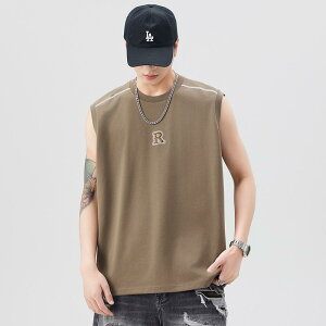 Tシャツ メンズ ノースリーブ タンクトップ 男性用 ゆったり ルーズフィット ビッグシルエット 刺繍デザイン 和風 レトロ スポーツカジュアル 薄手 軽量 綿混 ポリエステル混 春夏 普段使い