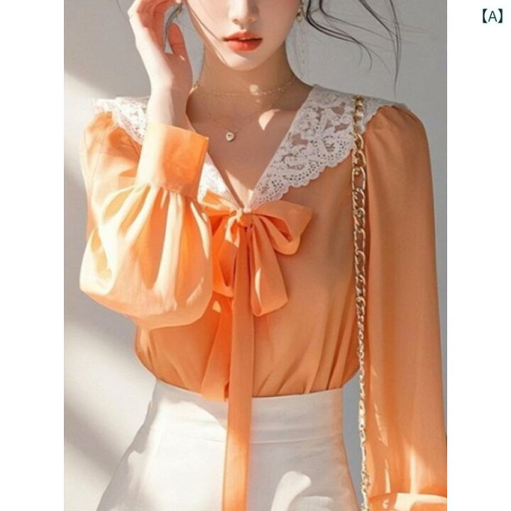 楽天市場】シャツ レディース オレンジ シフォン レース Vネック 長袖 