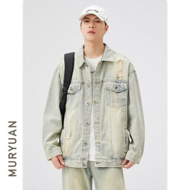 デニムジャケット メンズ アメリカンスタイル ダメージ加工 クラッシュ加工 ビッグシルエット ゆったり 長袖 コットン シングルボタン 秋 カジュアル ストリートファッション 男性用