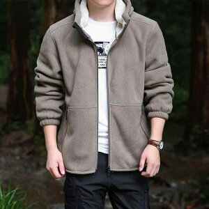 ジャケット メンズ 男性用 秋冬 両面フリース フード付き 厚手 ジップアップ ゆったり 吸湿速乾 通気性 耐摩耗 カジュアル アウトドア アウター 黒 カーキ ダークブルー グレー キャメル